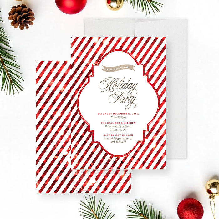 Personalized holiday party invitation with red and white diagonal candy cane stripes and event details-front-back
