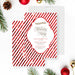 Personalized holiday party invitation with red and white diagonal candy cane stripes and event details-front-back