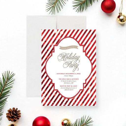 Personalized holiday party invitation with red and white diagonal candy cane stripes and event details-front