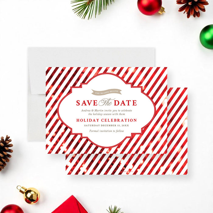 Personalized holiday save the date card with red and white candy cane stripes and Holiday Celebration wording-front-back