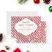 Personalized holiday save the date card with red and white candy cane stripes and Holiday Celebration wording-front-back