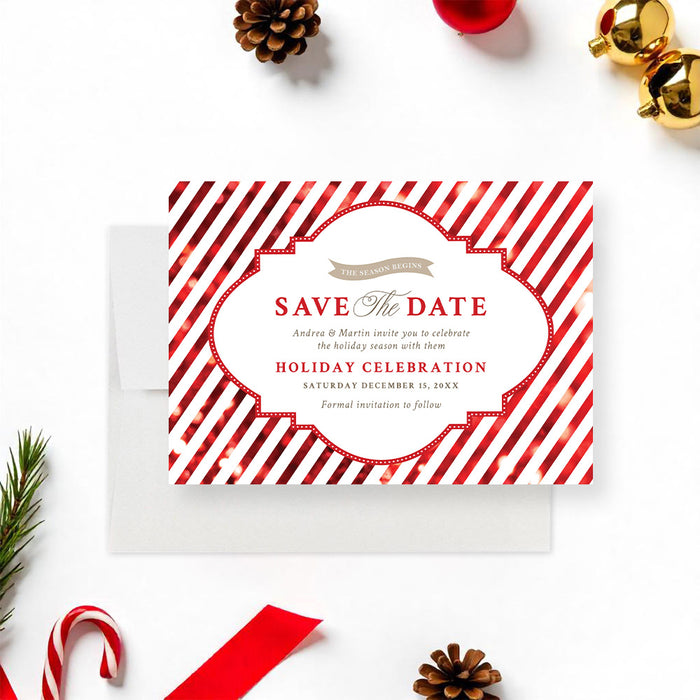 Personalized holiday save the date card with red and white candy cane stripes and Holiday Celebration wording-front