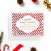Personalized holiday save the date card with red and white candy cane stripes and Holiday Celebration wording-front