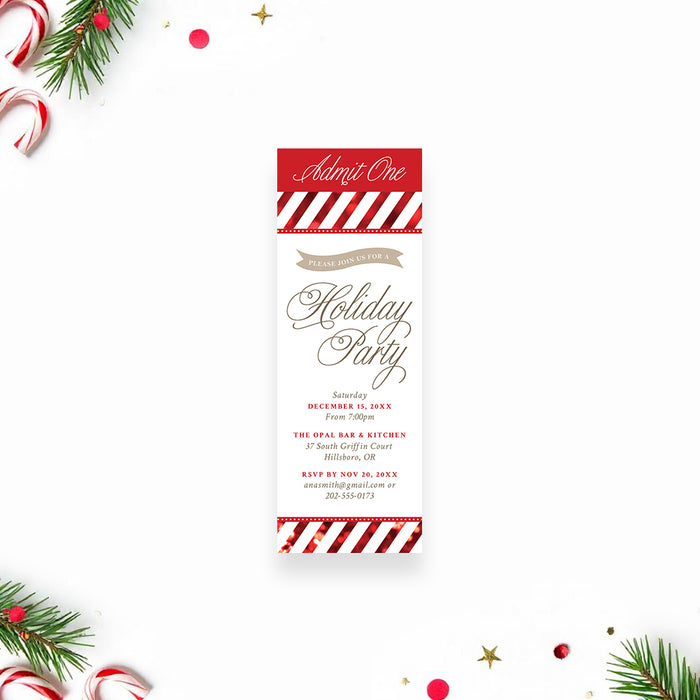Personalized holiday party ticket invitation with red and white candy cane stripes, Holiday Party wording and Admit One heading