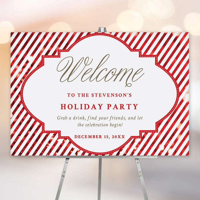 Personalized holiday party welcome sign with red and white candy cane stripes, Welcome heading and Holiday Party wording