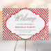 Personalized holiday party welcome sign with red and white candy cane stripes, Welcome heading and Holiday Party wording