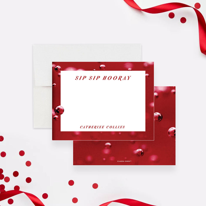 personalized red cocktail thank you card with Sip Sip Hooray wording, bubbly drink-inspired background, and custom name-front-back