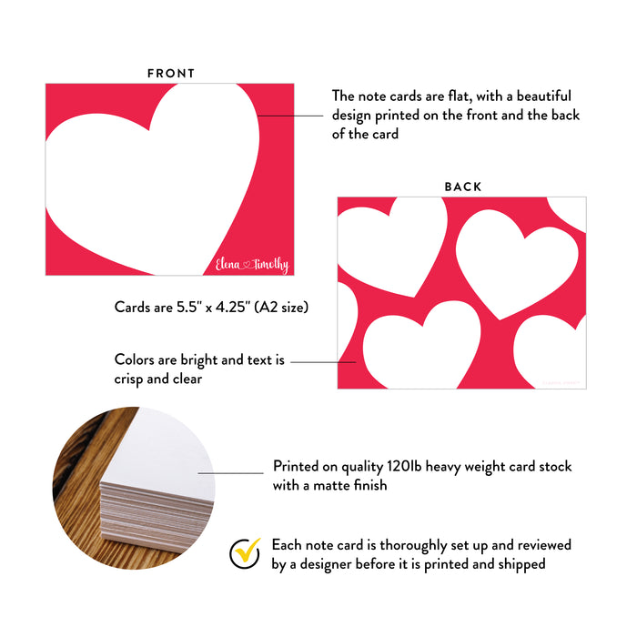 Front and back of personalized red heart note cards showing A2 dimensions and matte cardstock details.