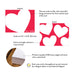 Front and back of personalized red heart note cards showing A2 dimensions and matte cardstock details.