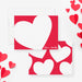 Personalized red note cards with a large white heart writing panel and a reverse covered in white hearts on red.