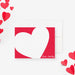 Personalized red note cards with a large white heart writing panel and a reverse covered in white hearts on red.