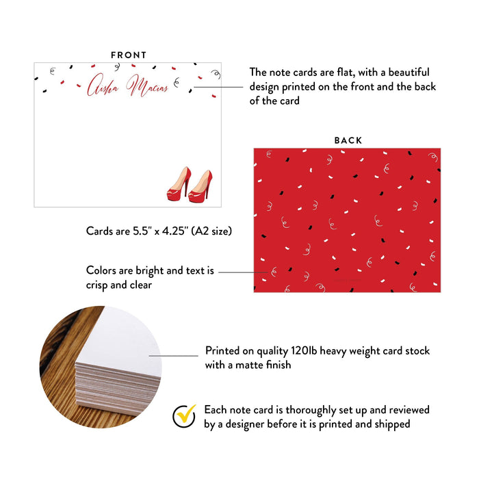 Specifications graphic showing the front and back of personalized red high heel note cards for bachelorette parties, A2 size 5.5 × 4.25 inches and matte cardstock.