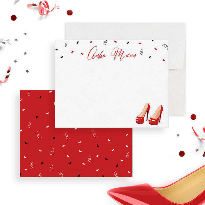Front and back of personalized note cards with red high heels, red and black confetti and a name in red script and a red confetti patterned back.