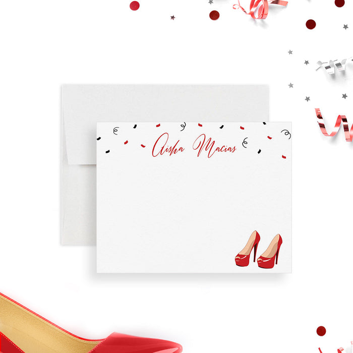 Personalized note card with red high heels, red and black confetti and a name in red script, shown with a white envelope.