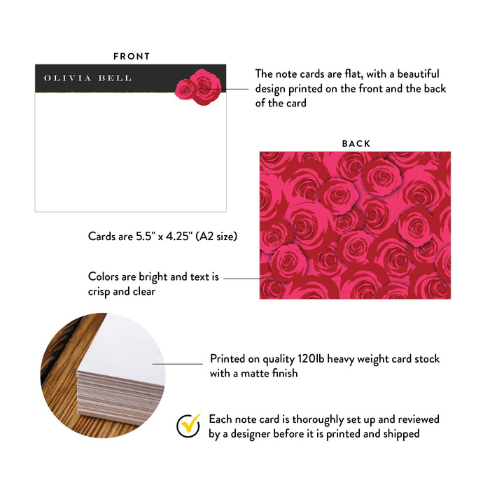 Front and back of personalized red rose note cards showing A2 dimensions and matte cardstock details.