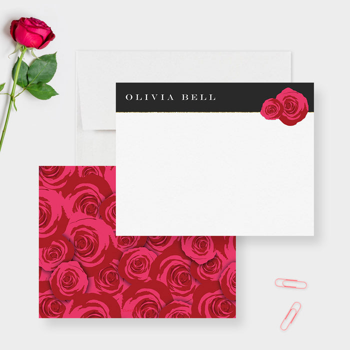 White personalized note card with a black name header and red roses, beside a red rose-patterned back.
