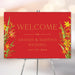 Personalized red tropical floral wedding welcome sign with orange and yellow flowers, custom couple’s names and wedding date