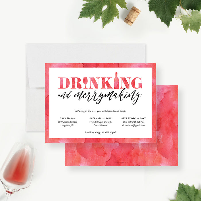 Personalized red watercolor New Year’s Eve party invitation with Drinking and Merrymaking wording, date, venue, attire and RSVP details-front-back