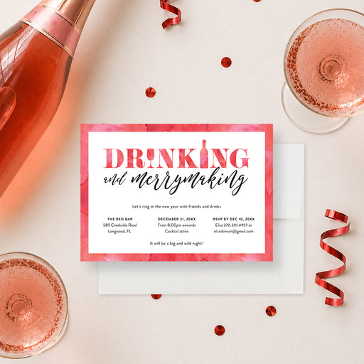 Personalized red watercolor New Year’s Eve party invitation with Drinking and Merrymaking wording, date, venue, attire and RSVP details-front