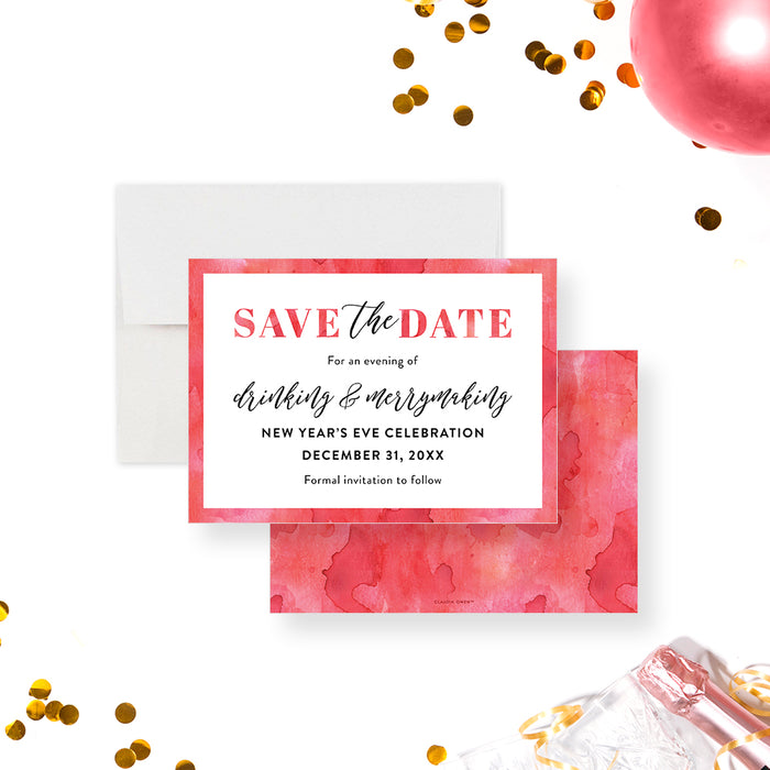 Personalized New Year's Eve save the date card with red watercolor border, drinking and merrymaking, event date, and invitation to follow wording-front-back