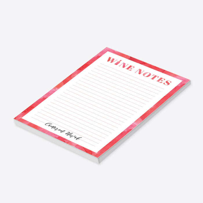 Personalized wine notes notepad with red watercolor border, lined writing space, Wine Notes heading, wine bottles, and custom name-side