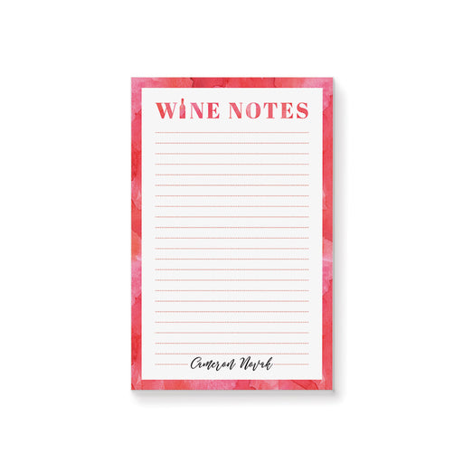 Personalized wine notes notepad with red watercolor border, lined writing space, Wine Notes heading, wine bottles, and custom name 