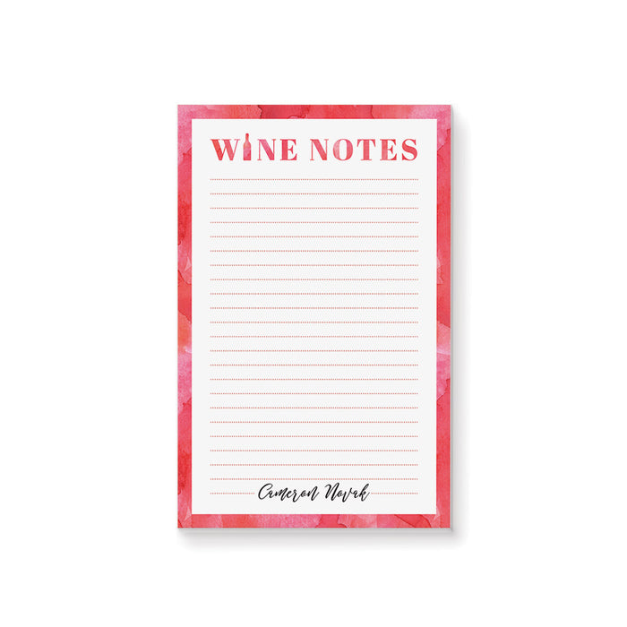 Personalized wine notes notepad with red watercolor border, lined writing space, Wine Notes heading, wine bottles, and custom name 