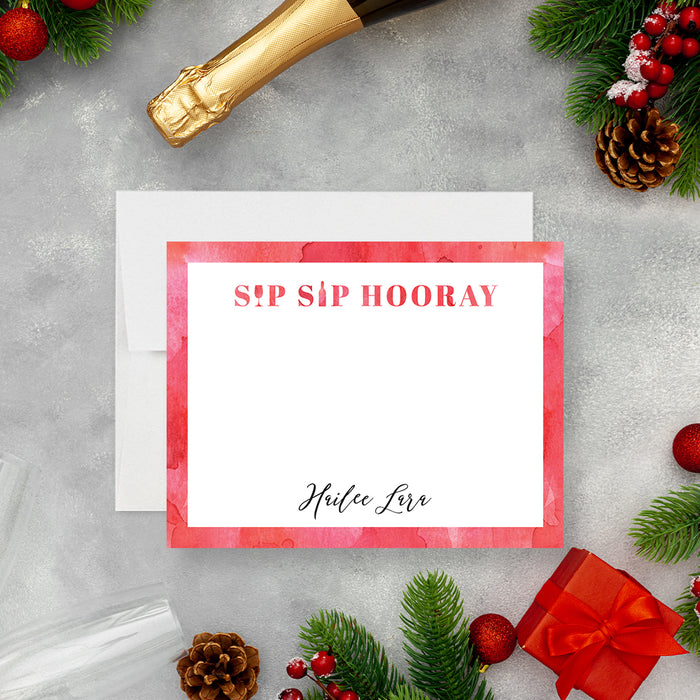 Personalized Sip Sip Hooray note card with red watercolor border, blank writing area and personalized name at the bottom-front