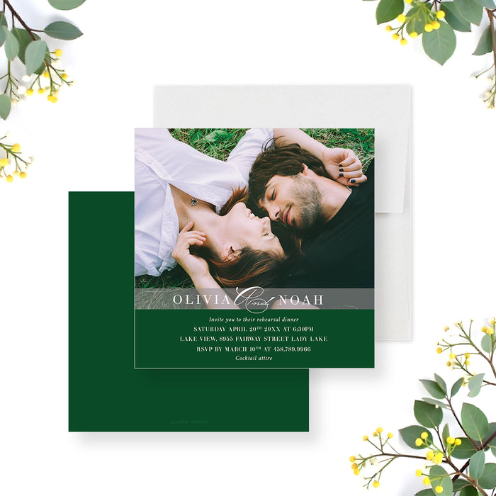 Personalized romantic photo rehearsal dinner invitation with green accents-front-back