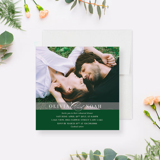 Personalized romantic photo rehearsal dinner invitation with green accents-front
