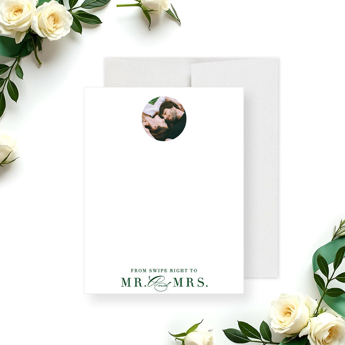 Personalized wedding note card featuring a couple photo and “From Swipe Right to Mr. and Mrs.” text-front