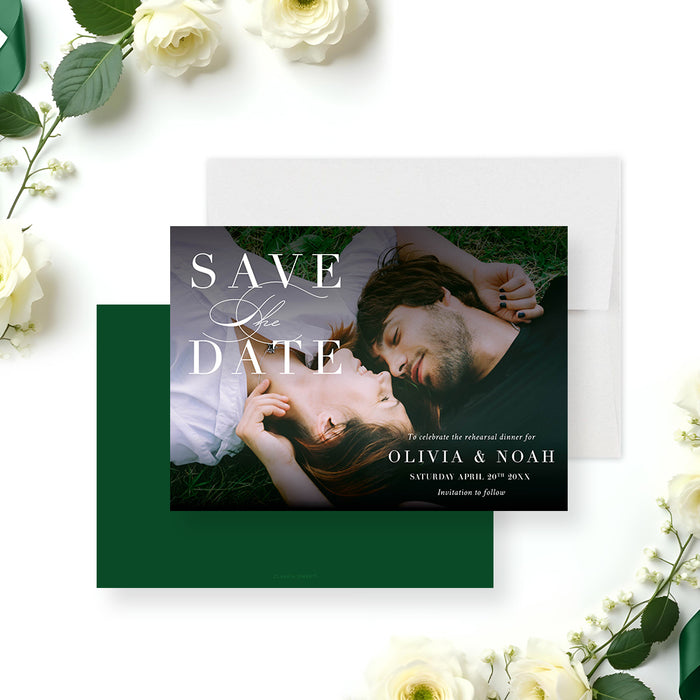 Personalized rehearsal dinner save the date card with romantic couple image-front-back