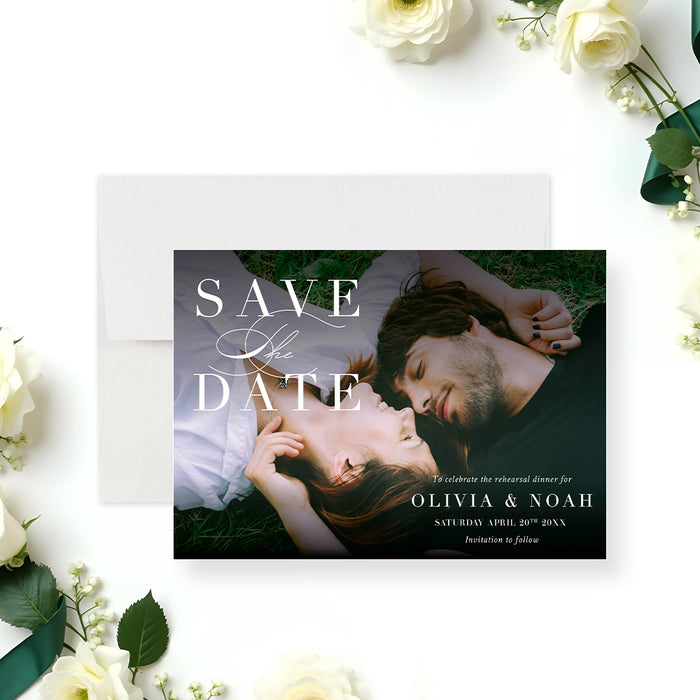 Personalized rehearsal dinner save the date card with romantic couple image-front