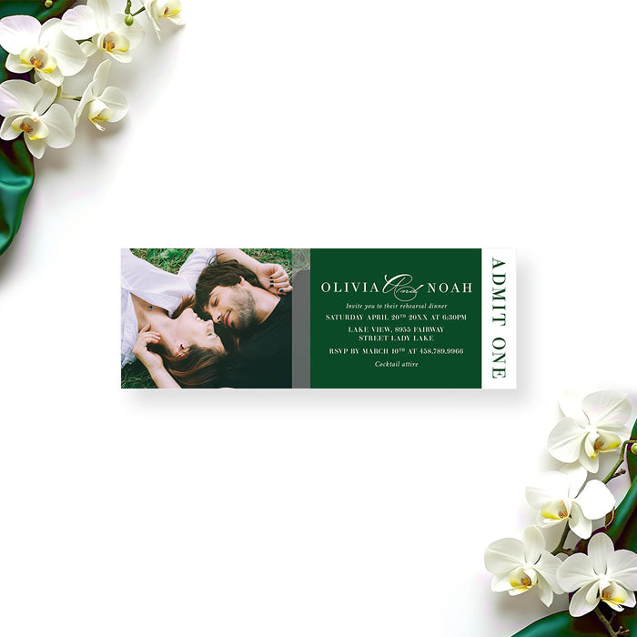 Personalized ticket invitation with couple photo for rehearsal dinner