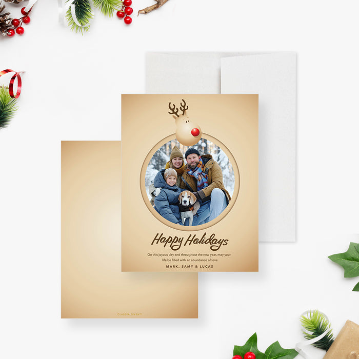 personalized reindeer holiday greeting card with family photo and playful Rudolph-inspired design-front-back