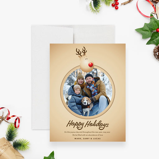 personalized reindeer holiday greeting card with family photo and playful Rudolph-inspired design-front