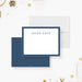 personalized retirement thank you card with navy blue border, custom name, classic lettering, and blank message space-front-back