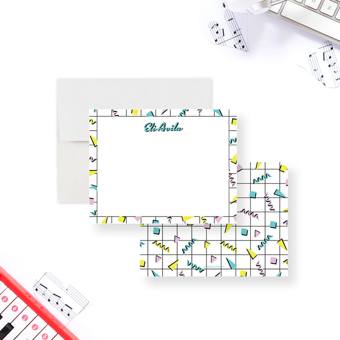 Personalized Retro Memphis Note Cards. Front and matching colorful geometric Memphis pattern shown with a white envelope.
