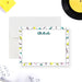 Personalized note card with a white writing area surrounded by a colorful geometric Memphis pattern with a name at the top. Shown with a white envelope.