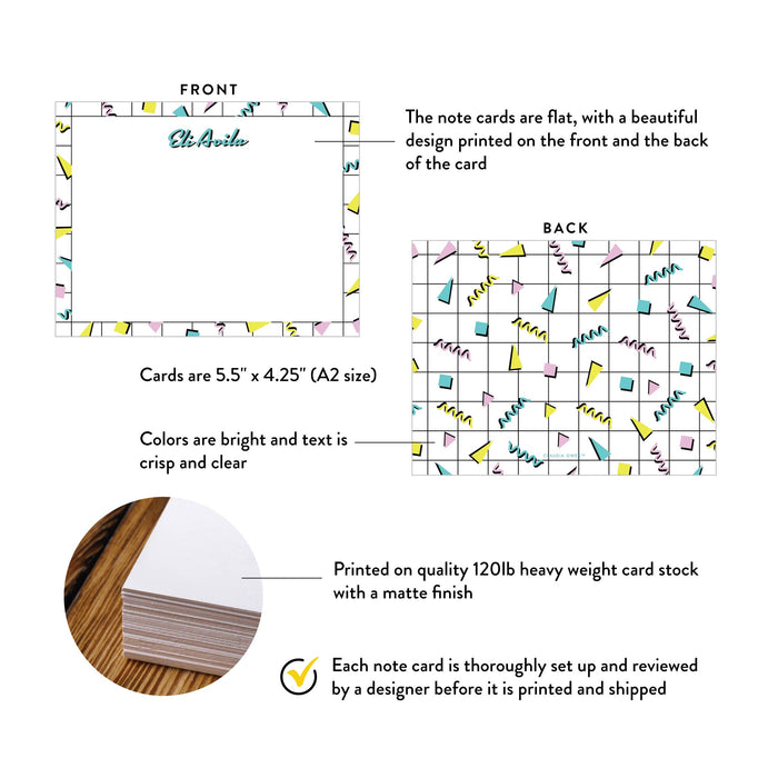 Product details graphic for personalized retro memphis note cards, showing front and back designs, A2 size, and matte cardstock.
