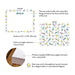 Product details graphic for personalized retro memphis note cards, showing front and back designs, A2 size, and matte cardstock.