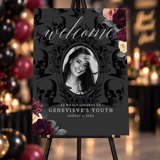 Personalized RIP Youth birthday welcome sign with a portrait, black skull pattern and burgundy floral accents