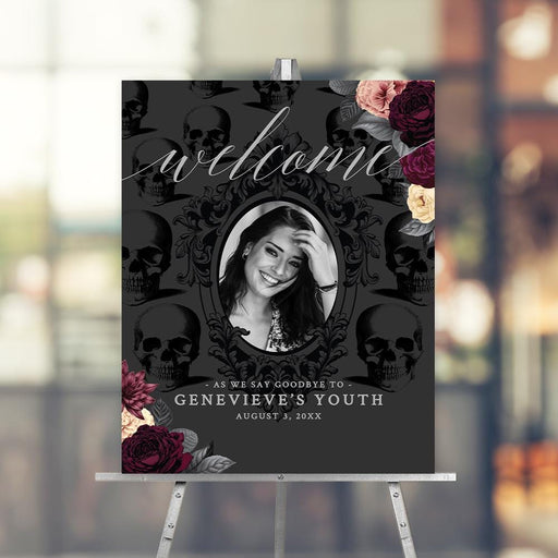 Personalized RIP Youth birthday welcome sign with a portrait, black skull pattern and burgundy floral accents