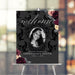 Personalized RIP Youth birthday welcome sign with a portrait, black skull pattern and burgundy floral accents