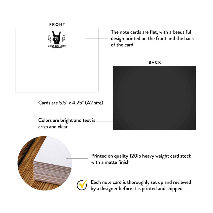 Specifications graphic showing the front and back of personalized rock music note cards gift for music lovers, A2 size 5.5 × 4.25 inches and matte cardstock.