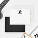 Front and back of personalized note cards with a black rock hand gesture, lightning bolts and a personalized name and a black back with personalized initials.