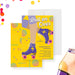 Personalized roller skate birthday invitation with colorful retro design in yellow, purple, and pink