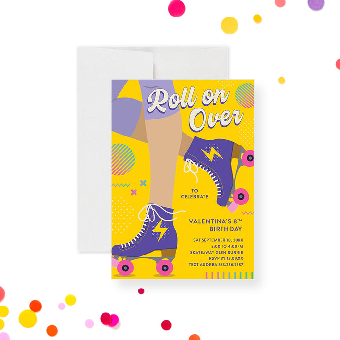 Personalized roller skate birthday invitation with colorful retro design in yellow, purple, and pink