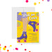 Personalized roller skate birthday invitation with colorful retro design in yellow, purple, and pink
