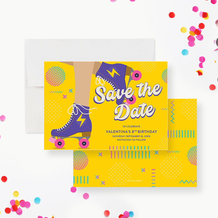 Personalized roller skate birthday save the date card with bright yellow, purple, pink, and teal retro design